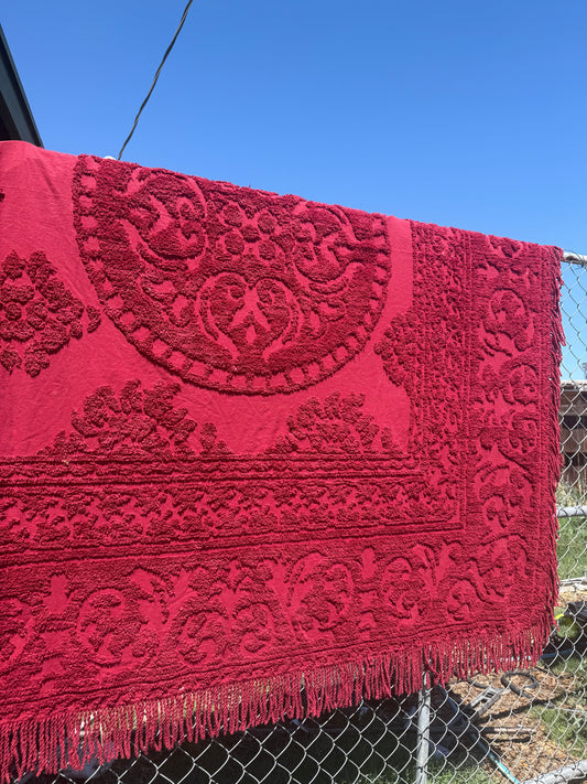 Maroon Chenille Fringed Bedspread