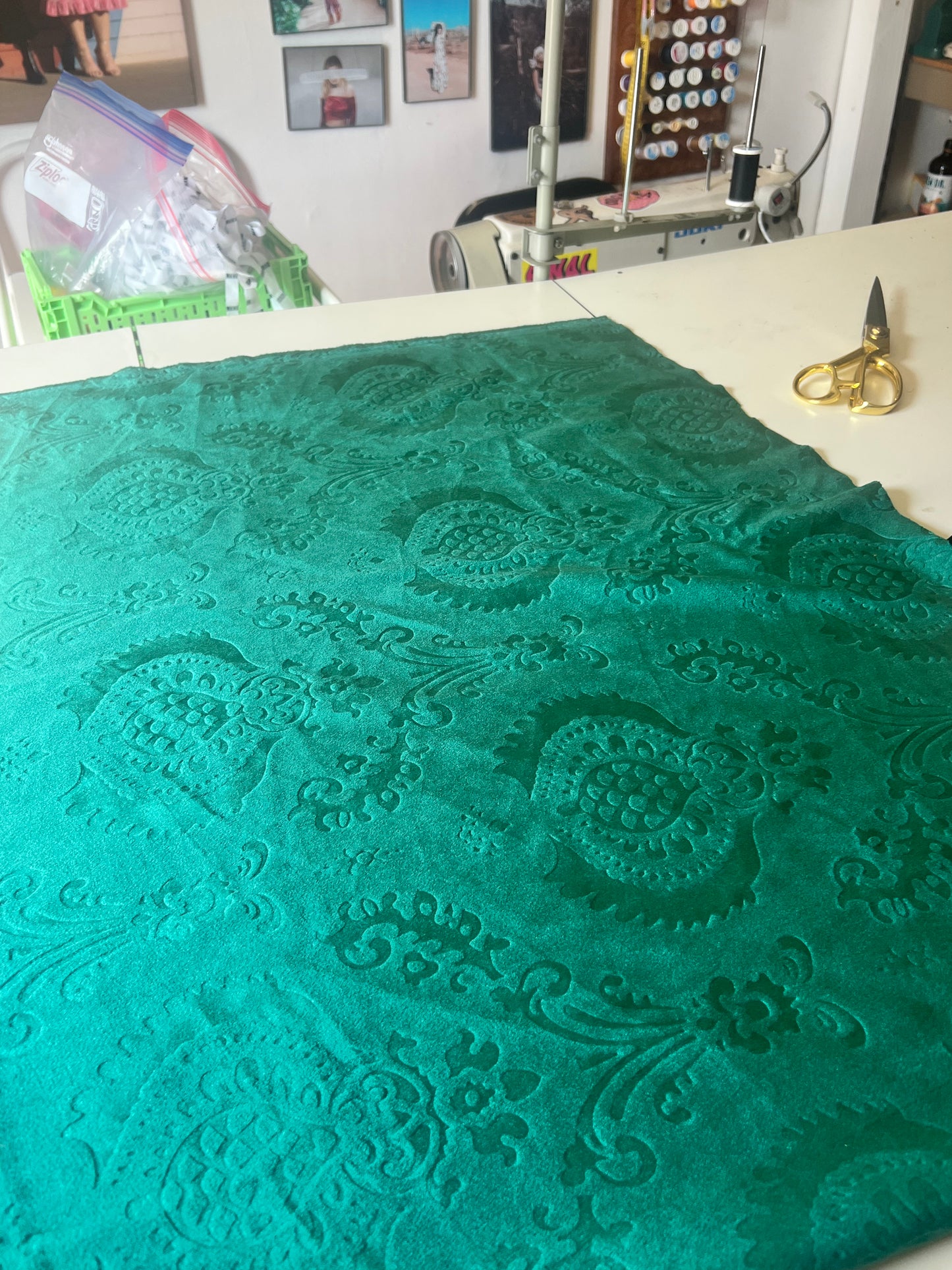 Teal velvet embossed fabric