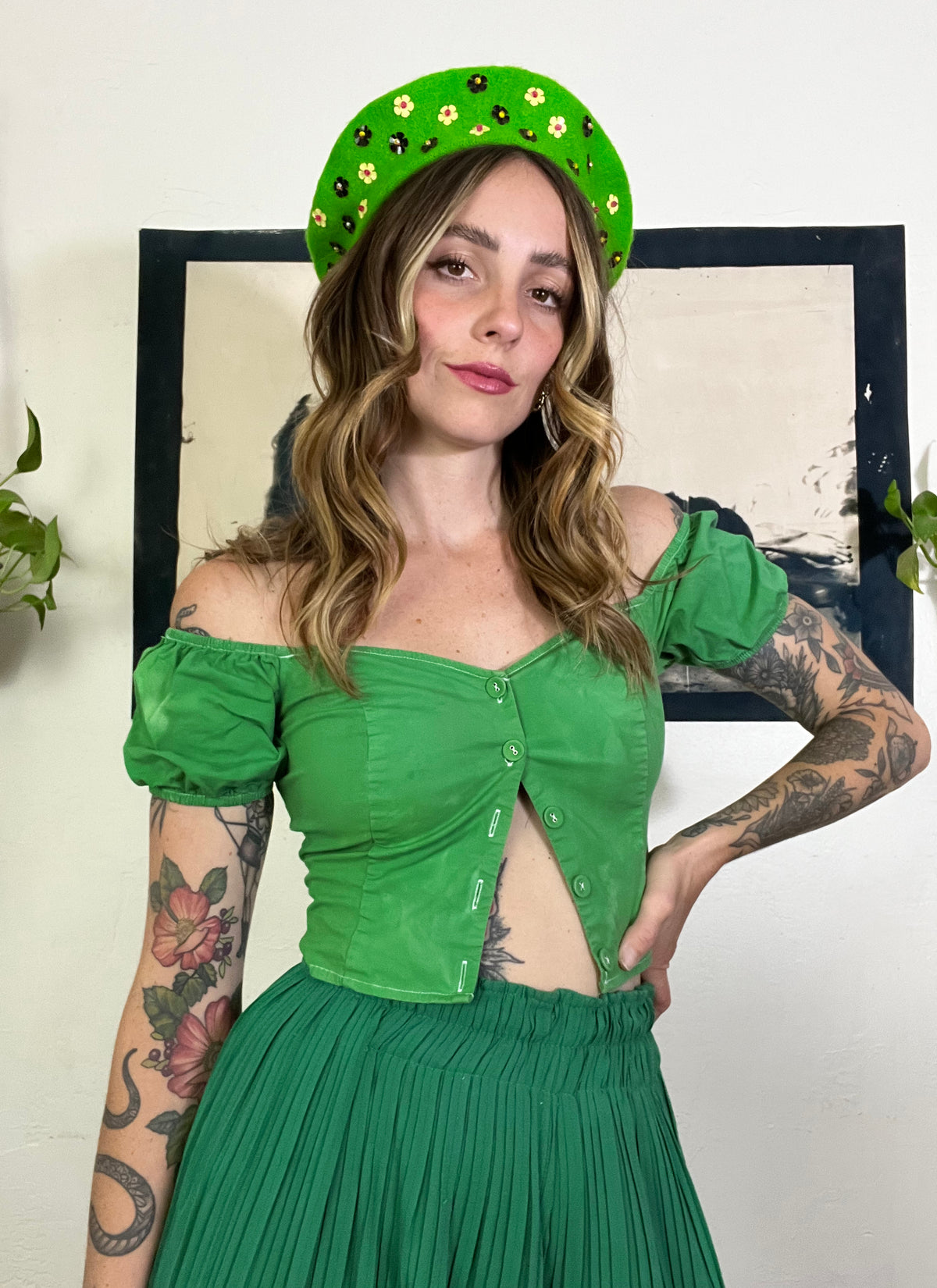 LIME GREEN PLEATED TOP  BERET STYLE CLOTH HAT Made In USA Green Alpaca Beret, Lime Knitted Beret, Green Alpaca Tam  main image 3